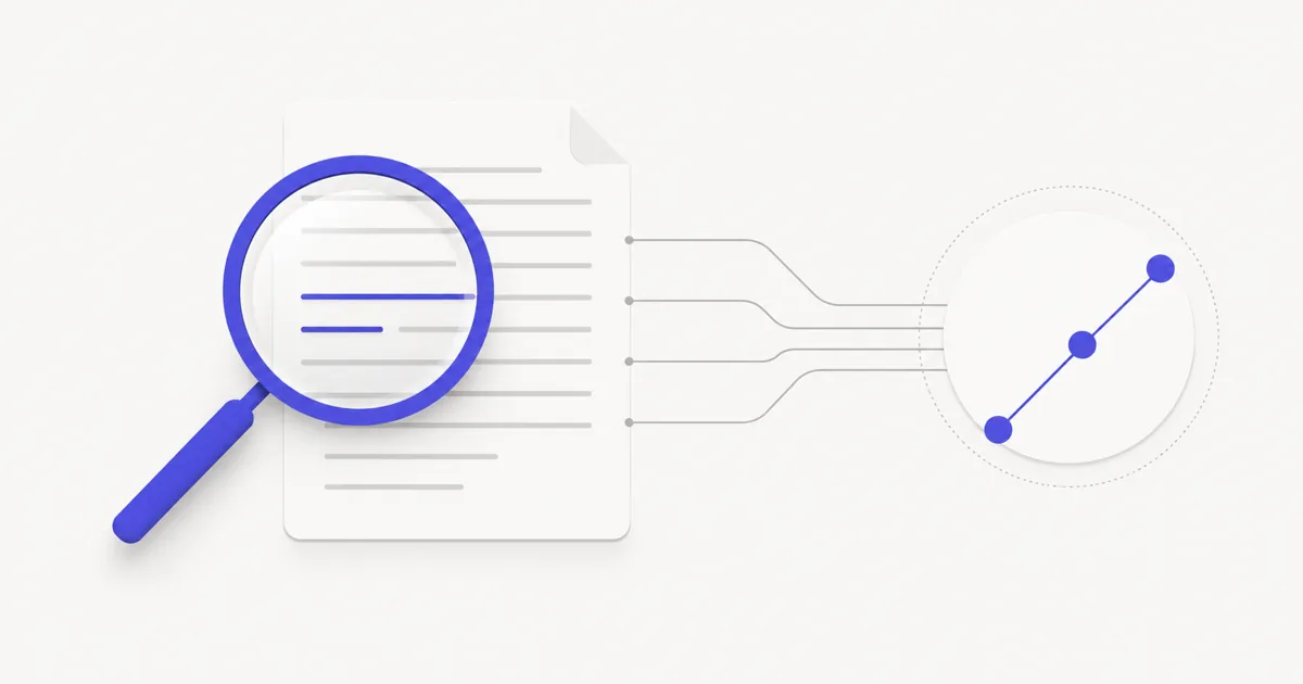 Abstract indigo magnifier over a neutral document with a checkmark forming from connected nodes, no text